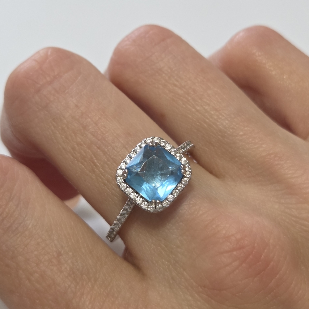 Charmed Aroma Blue Topaz Cushion/ Square Cut Ring S925 Size 9